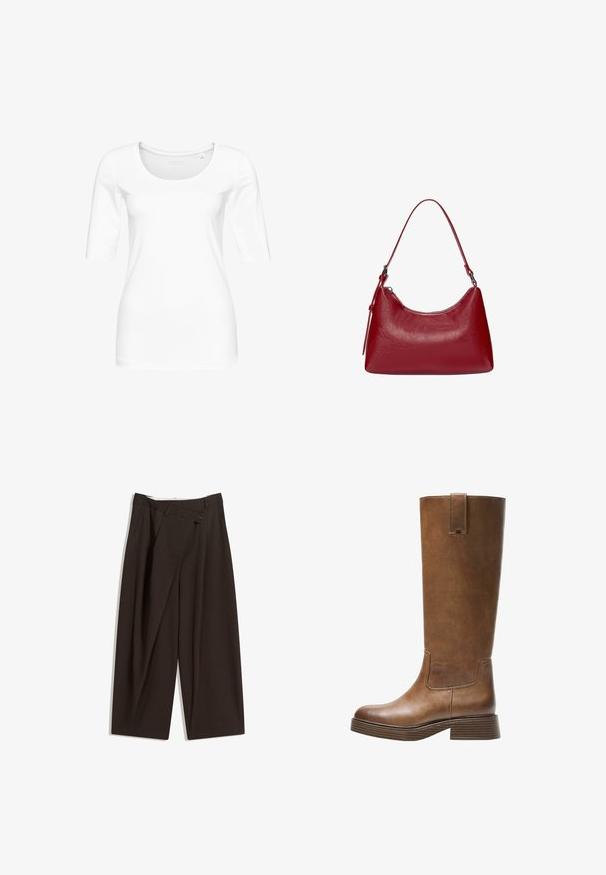 Witte, aangesloten T-shirt gemaakt van zacht katoen, met een ronde hals en driekwart mouwen. Gladde textuur, geen zichtbare patronen of accenten.; Donkere bruin wijde broek met een hoge taille, voorzien van een enkele knoopsluiting en een geplooide voorkant. Gemaakt van lichtgewicht stof.; Bruine leren laars tot de knie met een ronde neus, gestructureerd oppervlak en een lage, gestapelde hak. Beschikt over een zijpaneel en een aantrektap aan de bovenkant.; Rode leren schoudertas met een gebogen ontwerp, een gladde textuur en een ritssluiting. Het heeft een dunne hengsel om te dragen.