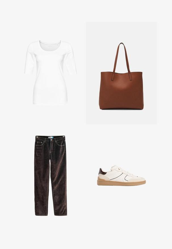 Weißes, eng anliegendes T-Shirt aus weicher Baumwolle mit einem runden Halsauschnitt und Dreiviertelärmeln. Glatte Textur, keine sichtbaren Muster oder Akzente.; Braune Cordhosen mit geradem Bein, fünf Taschen, kontrastierenden Nähten und einem Knopfverschluss an der Taille. Weicher Stoff mit gerippter Struktur.; Stradivarius Sneaker low - white; Braune Leder-Tote mit glatter Textur, offenem Oberteil und zwei Schulterriemen. Verfügt über minimale Nähte und keine sichtbaren Beschläge.