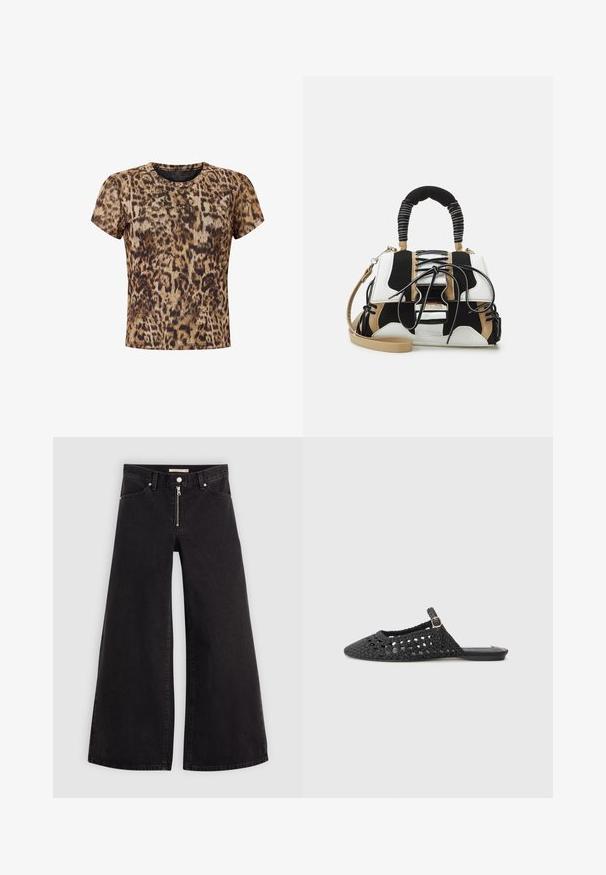 Leopardikuvioinen lyhythihainen t-paita ruskean ja mustan sävyissä. Siinä on pyöreä pääntie ja pehmeä, kevyt kangas.; Mustat leveälahkeiset farkut, joissa on vetoketjufrunti, viisi-taskuinen muotoilu ja hienovaraiset ompelusyyt. Sileä pinta ja rento tyyli.; Mustat kudotut slingback-kengät, joissa on teräväkärkinen muoto, teksturoitu materiaali, sivussa solkiyksityiskohta ja tasapohja.; Monivärinen käsilaukku mustasta, valkoisesta ja beigestä verkosta. Siinä on teksturoitu kahva, nauhatyyppinen muotoilu ja irrotettava olkahihna.