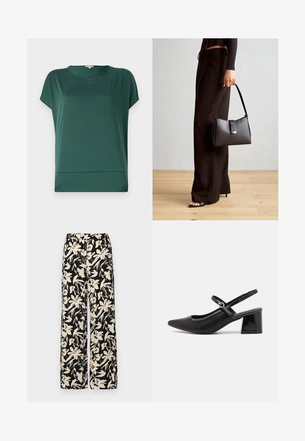 Zelené tričko s krátkym rukávom vyrobené z ľahkej, hladkej tkaniny. Má okrúhly výstrih a rovný lem s jemným švom na spodnej strane.; Čierne nohavice s širokými nohavicami a krémovým kvetinovým vzorom. Vyrobené z ľahkej látky, s hladkou textúrou a vysokým pásom.; Čierne lakované kožené lodičky so slingback dizajnom, špicatou špičkou, zaobleným výrezom a blokovým podpätkom. Obsahuje akcent zlatého tónu s prackou.; Čierna kabelka so štruktúrovaným tvarom, hladkou textúrou a kovovou sponou. V kombinácii so širokými čiernymi nohavicami a sandálmi s otvorenou špičkou na drevenej podlahe.