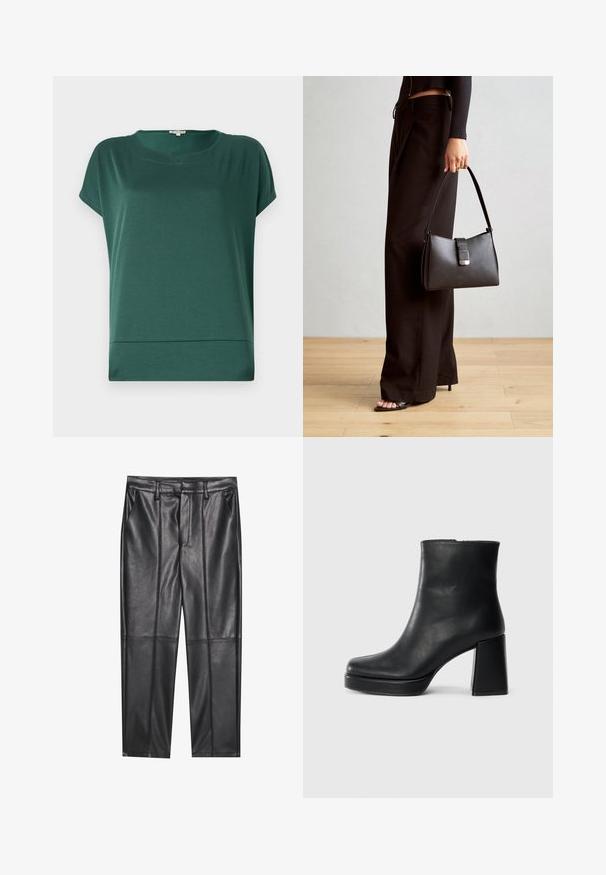 Zaļš īsām piedurknēm T-krekls no viegla, gluda auduma. Tam ir noapaļots kakla izgriezums un taisna apakšmala ar smalku šuvju detaļu apakšā.; Melni ādas bikses ar gludu tekstūru, taisnas piegriezuma, divi priekšējie kabatas un redzami šuvju izstrādājumi.; Melna ādas potīšu zābaku ar bloku papēdi un platformas zoli, skatīts no sāna uz vienkārša balta fona.; Melnā somiņa ar strukturētu formu, gludu tekstūru un metālu sprādzi. Saskaņota ar platām melnām biksēm un sandālēm ar atvērtu purngalu uz koka grīdas.