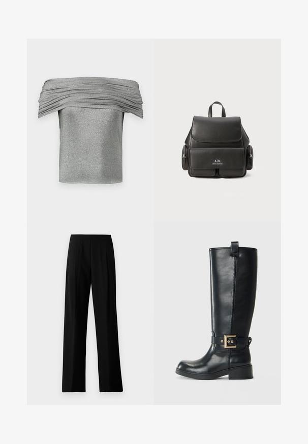 Stříbrný top s odkryté rameno, s nabíranou texturou, vyrobený z třpytivého materiálu. Krátký, dobře padnoucí design s hladkým povrchem.; Černé kalhoty se širokými nohavicemi vyrobené z hladké látky, s plochým pasem a předními záhyby pro upravený vzhled. Žádné viditelné kovové prvky nebo vzory.; Černá kožená vysoká bota až ke kolenům s nízkým blokovým podpatkem, dekorativním zlatým páskem se sponou kolem kotníku a poutkem na stažení nahoře.; Černý kožený batoh s klopou, přední kapsou, bočními zipovými přihrádkami a horní rukojetí. Na přední straně je umístěno logo.
