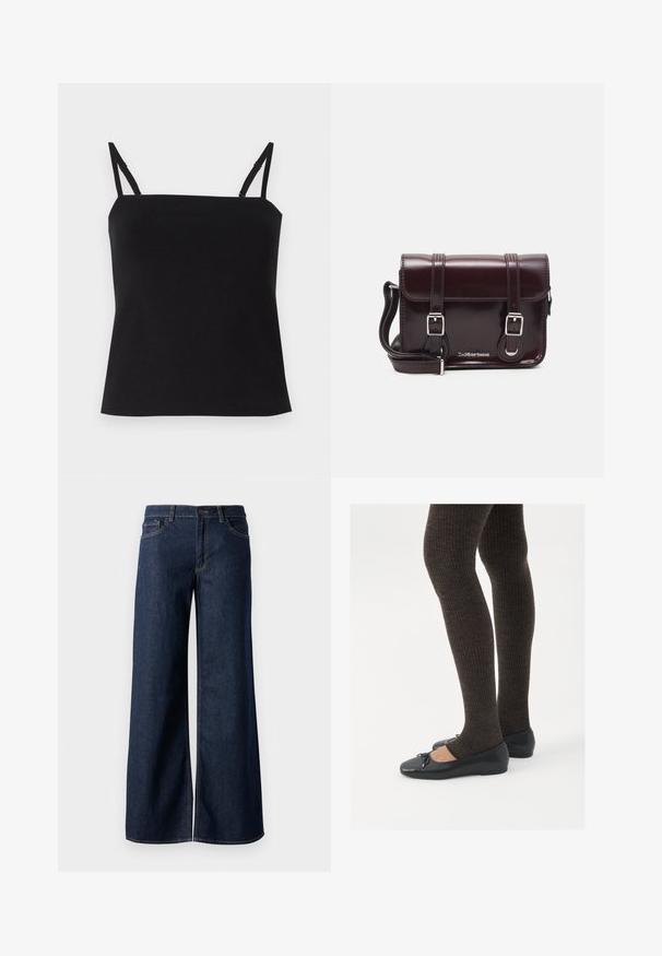 Svart camisetopp med tynne justerbare stropper, laget av et mykt, lett stoff. Rett passform og minimalistisk design. Ingen ekstra mønstre.; Vide benbukser i mørkeblå denim. Har kontrastsøm, fem lommer og en knaplukning i taljen. Glat tekstur.; Sorte flate sko med en liten sløyfedetalj på tåen, kombinert med mørkebrune ribbede strømpebukser. Skoene har en glatt overflate og lav profil.; Burgunderfarget patentlær crossover-veske med rektangulær form, to stropper, sølvfarget hardware og klaffelukking.
