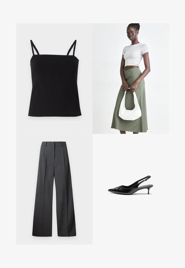 Melna kamzola ar plānām regulējamām siksnām, izgatavota no mīkstas, vieglas auduma. Taisna piegriezuma un minimāla dizaina. Nav papildu rakstu.; Platās kājas bikses tumši pelēkā audumā, ar augstu jostasvietu, ar vienu uzpūstu vīli un gludu tekstūru ar tīru apdari ap malām.; Melni ādas sandales ar norādītu pirkstu, mazu kaķa papēdi un dekoratīvu mezglu detaļu priekšā. Gluda tekstūra visā virsmā.; Pelēks ribots īsais tops un olīvzaļš augstās vidukļa svārki. Modelis tur baltu plecu somu ar izgriezumiem. Vienkāršs dizains, pieguloša silueta.