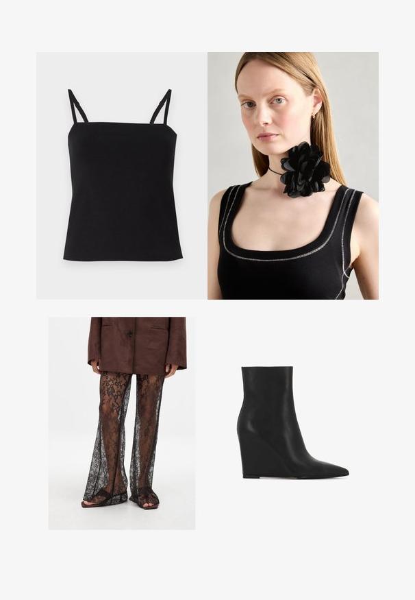 Črna kamizola s tankimi nastavljivimi naramnicami, izdelana iz mehkega, lahkega materiala. Ravno krojenje in minimalističen dizajn. Brez dodatnih vzorcev.; Črne čipkaste široke hlače s cvetličnim vzorcem, prosojne teksture in širokimi odprtinami za noge, v kombinaciji s rjavimi natikači.; Črne gležnjarje na wedge peto iz teksturirane usnje; imajo koničast nos in gladko, elegantno obliko z oblinami.; Črna cvetna choker ovratnica iz plastičenih cvetnih listov, oblečena z črnim rebrastim topom, ki ima srebrne detajle ob izrezu in ramenih.