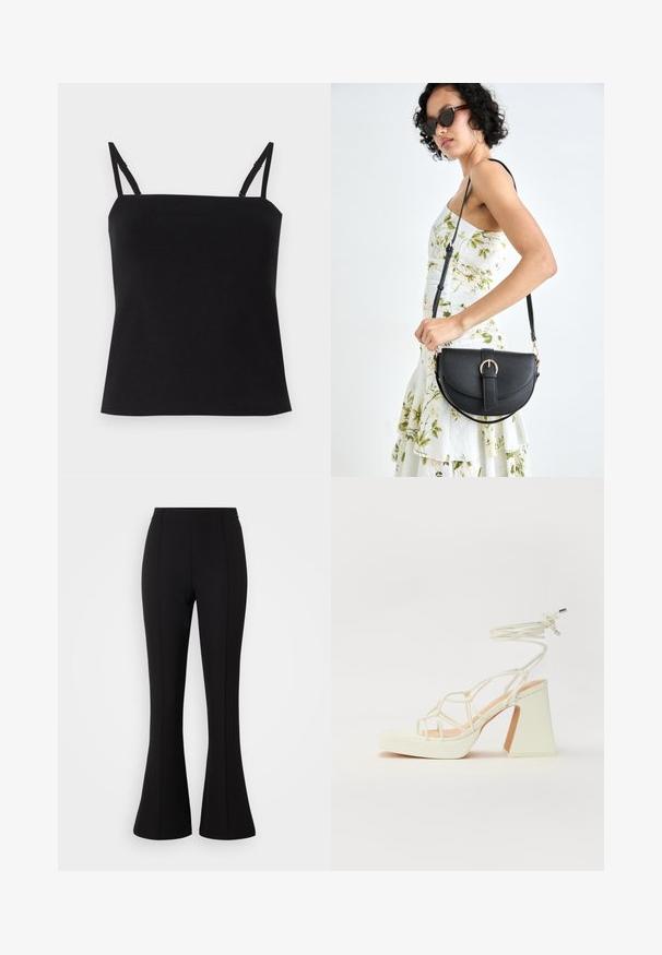 Fekete pántos top vékony állítható pántokkal, puha, könnyű anyagból. Egyenes fazon és minimalista design. Nincsenek további minták.; Fekete harangszárú nadrág rugalmas anyagból, sima felülettel, magas derékkal, és varrásdíszítéssel az elején.; Fehér, magassarkú szandál vastag sarokkal, pántos dizájnnal és bokapánttal. Sima textúra, elülső platformmal a megnövelt magasság érdekében.; Fekete bőrtáska ívelt formával, levehető pánttal és arany színű fémrészekkel. A táskán egy csattal díszített fedél található.