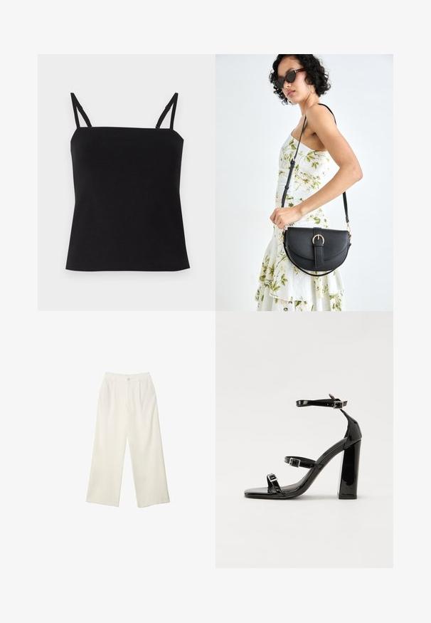 Musta hihaton toppi, jossa on ohuet säädettävät olkaimet, valmistettu pehmeästä, kevyestä kankaasta. Suora malli ja minimalistinen muotoilu. Ei lisäkuvioita.; Kermanhousut vaaleassa kankaassa, jossa on sileä rakenne, yksittäinen etunappi, hienovaraiset laskokset ja korkea vyötärömuotoilu.; Musta kiiltävä korkokenkä sandaalit neliönmuotoisella varpaalla, nilkkaremmillä ja hopeisilla soljilla. Varustettu tukevalla lohkokorkealla vakauden takaamiseksi.; Musta nahkainen käsilaukku, joka on kaareva muotoilultaan, irrotettavalla hihnalla ja kultaisilla yksityiskohdilla. Laukussa on läppä, jossa on solk yksityiskohta.