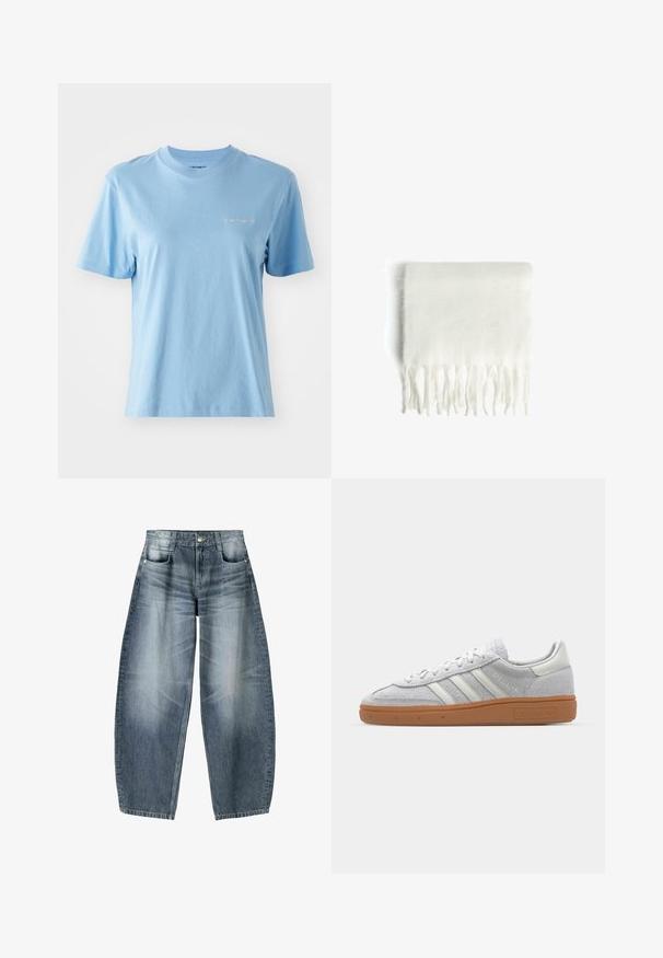 T-shirt a maniche corte, con collo a giro e realizzato in morbido cotone di colore azzurro chiaro, caratterizzato da un piccolo logo Carhartt bianco sul petto. Texture liscia.; Jeans a gamba larga in denim azzurro chiaro con sfumature, dotati di design a cinque tasche, chiusura con bottone e dettagli di cucitura minimal.; Sneaker in camoscio grigio chiaro con accenti in pelle bianca, tre strisce bianche e suola in gomma marrone, dotato di collo imbottito per il massimo comfort.; Sciarpa in pile bianco con bordi frangiati, texture morbida e forma rettangolare. Adatta per essere indossata a strati e per fornire calore.