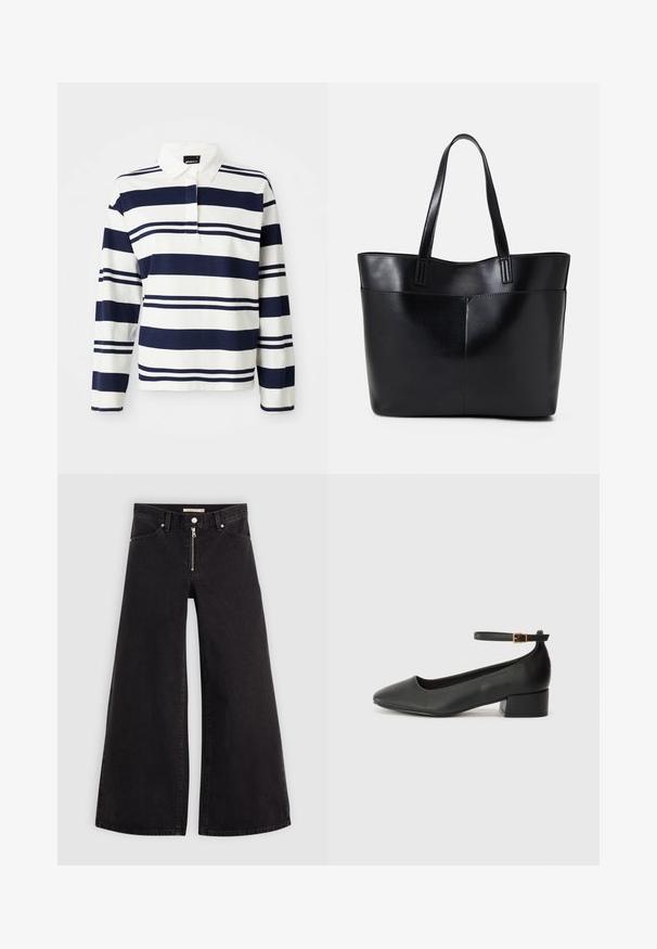 Valge puuvillane pika varrukaga polo särk, millel on tumesinised horisontaalsed triibud. Omab krae ja kahe nupuga nööpimist. Pehme tekstuur.; Laiad teksad mustast denimist, millel on lukuga eesmine osa, viie taskuga disain ja peened õmblusdetailid. Sile tekstuur ja juhuslik stiil.; Must mustaapp, millel on terav nina ja madal blokk-kand. Omab pahkluu rihma koos kuldse tooni pandlaga. Sile tekstuur.; Must mustaga musta nahast, millel on kaks pikka kanda, sile tekstuur ja struktureeritud kuju. Esipoolsel on lisakoti jaoks tasku.