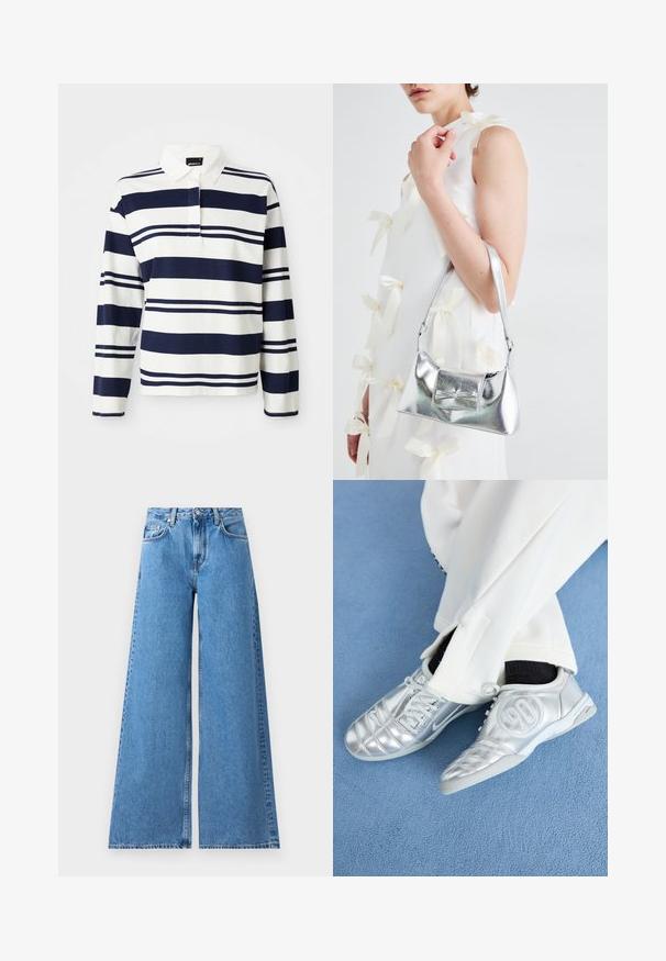 Dlhý rukáv polo tričko z bielej bavlny s námorníckymi modrými horizontálnymi pruhmi. Obsahuje golier a zapínanie na dva gombíky. Mäkka textúra.; Široké modré denimové džínsy s vysokým pásom, ktoré majú klasický dizajn s piatimi vreckami a švy pozdĺž strán pre dodatočný detail.; Strieborné atletické topánky s hladkým, lesklým povrchom, zdobené prešitím a číslom 90 na boku, skombinované s bielymi nohavicami.; Strieborná metalická kabelka so štruktúrovaným tvarom, ktorá má hornú rukoväť a mašľu na prednej strane. Hladká textúra, reflexný povrch.