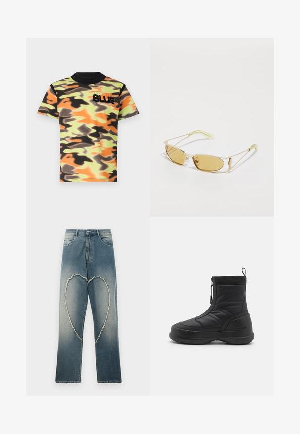 Short-sleeve T-shirt in a camouflage pattern with shades of green, orange, and black. Features black crew neck and "BLUE" embroidered detail.; Blue denim jeans with a frayed heart-shaped patch on the front thighs, featuring traditional pockets and a button closure.; Black waterproof snow boot with a smooth synthetic upper, zip closure, padded collar, and textured rubber sole. Accented with "MOON BOOT" branding.; Yellow-tinted sunglasses with a translucent gold frame, slim rectangular shape, and angular arms with light green accents.