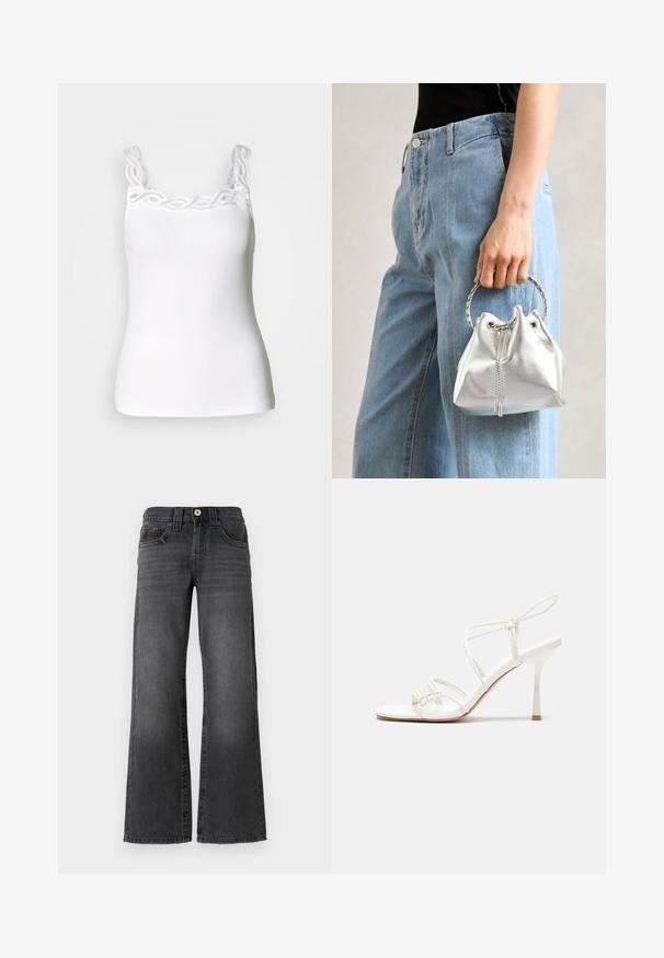 Witte tanktop met verstelbare bandjes, met een decoratieve kantafwerking langs de halslijn en een aansluitende, geribbelde textuur.; Wijdere spijkerbroek van donkergrijze denim. Bevat vijf zakken, een knoopsluiting en subtiele vervaging op de stof. Klassieke stiksels als accent.; Witte strappy hoge hak sandaal met een platte tenenbasis, gestructureerde voorkant met geplooide accenten, en een slanke enkelband.; Metalen zilveren bucket bag met een gestructureerde afwerking, versierd met een zilveren ronde handvat en een trekkoordsluiting, vastgehouden tegen lichtblauwe jeans.; Zilveren oorbel met een gepolijste afwerking, met kleine gouden accentdetails en een ronde vorm, gedragen op de oorlel.