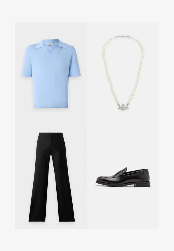 Svetlo modrá krátkopsínska polo košeľa s výstrihom do V a textúrovanou látkou. Má štruktúrovaný strih a čisté línie.; Čierne široké nohavice vyrobené z hladkej tkaniny. Majú stredne vysoký pás a predné skladanie, ktoré ponúkajú upravený siluetu.; Čierne kožené mokasíny s hladkou textúrou, zaoblenou špičkou a dekoračným pásikom cez priehlavok. Nízky vrstvený opätok, minimalistický dizajn.; Perlový náhrdelník so strieborným uzáverom. Obsahuje guľaté biele perly a výzdobný stredový prvok posiaty kamienkami.