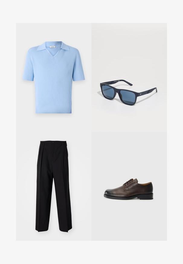 Světle modré pobrané polo tričko s krátkým rukávem a výstřihem do V, vyrobené z texturované látky. Disponuje strukturovaným střihem a čistými liniemi.; Černé skládací kalhoty s rovnými, širokými nohavicemi. Vyrobené z hladké tkaniny, se zapínáním na knoflík a poutky na opasek.; Hnědá kožená bota s kulatou špičkou, nízkým podpatkem, šněrovacím designem a hladkým povrchem. Má minimální švy a leštěný povrch.; Modré obdélníkové sluneční brýle s tmavými skly, matně námořnický rám, detail loga na spánkové části, rovné nožičky a hladký, solidní povrch.
