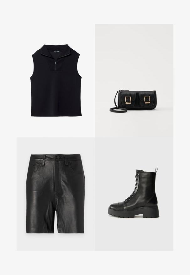 Czarny bezrękawnik z wysokim kołnierzem i półzamkiem z przodu, wykonany z gładkiego, elastycznego materiału. Posiada zdefiniowany, minimalistyczny design.; Czarne skórzane szorty o gładkiej fakturze, wyposażone w zamek błyskawiczny z przodu, zapięcie na guzik oraz klasyczny pięciokieszeniowy krój.; Czarne skórzane botki za kostkę z okrągłym noskiem, masywną gumową podeszwą i metalowymi oczkami. Posiadają sznurowaną konstrukcję i uchwyt z tyłu.; Czarna skórzana torba na ramię z dwoma przednimi kieszeniami, złotymi klamrami, zamkiem błyskawicznym i cienkim paskiem. Teksturowana powierzchnia i kompaktowy prostokątny kształt.