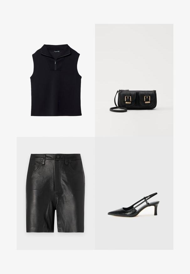Czarny bezrękawnik z wysokim kołnierzem i półzamkiem z przodu, wykonany z gładkiego, elastycznego materiału. Posiada zdefiniowany, minimalistyczny design.; Czarne skórzane szorty o gładkiej fakturze, wyposażone w zamek błyskawiczny z przodu, zapięcie na guzik oraz klasyczny pięciokieszeniowy krój.; Czarne lakierowane czółenka na obcasie typu slingback z wąskim noskiem, z teksturowanym wzorem wężowym, regulowanym paskiem oraz krótkim, teksturowanym obcasem w kształcie słupka.; Czarna skórzana torba na ramię z dwoma przednimi kieszeniami, złotymi klamrami, zamkiem błyskawicznym i cienkim paskiem. Teksturowana powierzchnia i kompaktowy prostokątny kształt.