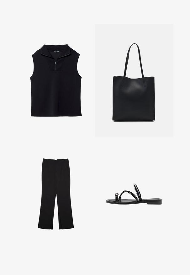 Crni bezrukavni top s visokim ovratnikom i polu-zip prednjim dijelom, izrađen od glatkog, rastezljivog materijala. Ima strukturirani, minimalistički dizajn.; Crne hlače ravnog kroja, s prednjim džepovima i bočnim prorezima na rubu. Izrađene od mekog i glatkog materijala. Pogodne za razne prigode.; Crne ravne sandale s sjajnom završnom obradom, tri tanke trake i kružna metalna detalj na prstu. Elegantni dizajn s minimalnim potplatom.; Crna kožna torba za nošenje s glatkom teksturom, pravokutnim oblikom i dvije duge ručke. Nema vidljivih metalnih dijelova ili ukrasa.