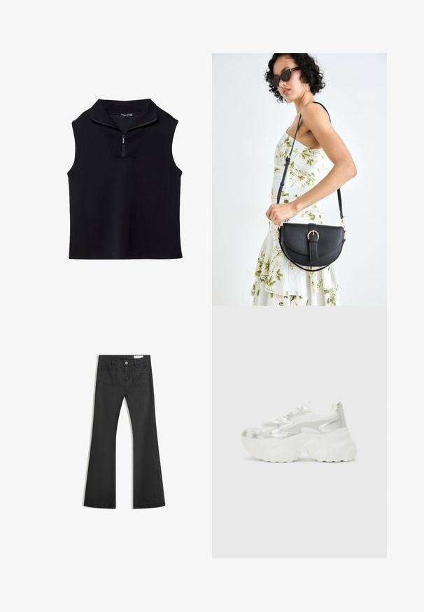 Svart ärmlös topp med hög krage och dragkedja fram, tillverkad av ett slätt, elastiskt material. Har en strukturerad, minimalistisk design.; Svarta utsvängda jeans i denim med en jämn textur, med två bakfickor och knäppning vid midjan.; Silver sneakers med en texturerad mesh-överkonstruktion och iriserande accenter, med en kraftig vit sula och snörning.; Svart läderhandväska med en böjd form, avtagbar rem och guldiga detaljer. Väskan har ett lock med en spänndetalj.