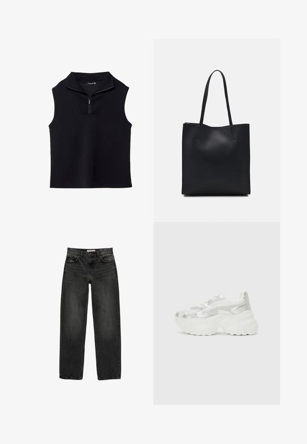 Czarny bezrękawnik z wysokim kołnierzem i półzamkiem z przodu, wykonany z gładkiego, elastycznego materiału. Posiada zdefiniowany, minimalistyczny design.; Czarne dżinsy o luźnym kroju, prostych nogawkach, pięciu kieszeniach i lekko wypłowiałej strukturze. Zapięcie na guzik i suwak z przodu.; Srebrny sneaker z teksturowaną siateczką i irydyscentnymi akcentami, z masywną białą podeszwą i sznurowanym zapięciem.; Czarna skórzana torba tote o gładkiej fakturze, prostokątnym kształcie i dwóch długich uchwytach. Brak widocznych elementów metalowych i ozdób.