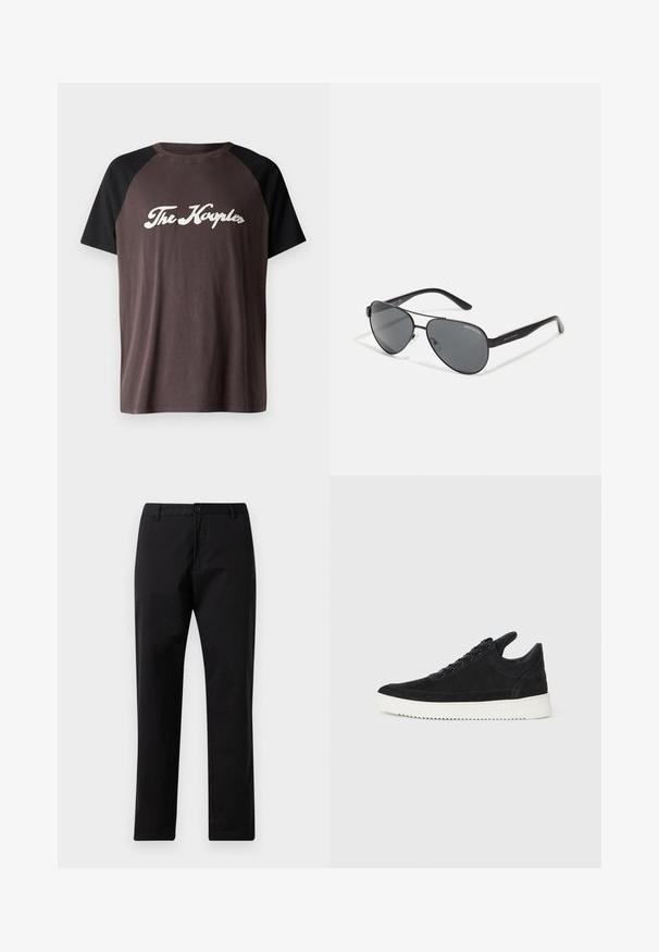 Hnědý a černý raglánový tričko s kulatým výstřihem, na kterém je bílým kurzívou napsáno "The Kayples" na hrudi. Měkká textura.; Černé rovné kalhoty se zapínáním na knoflík a zip, s poutky na opasek a předními kapsami, vystavené na bílém pozadí.; Černé semišové tenisky s bílou gumovou podrážkou, s tónovým prošitím a šněrováním. Hladký povrch s moderním, aerodynamickým tvarem.; Černé pilotní sluneční brýle s tmavými skly, tenkým kovovým rámem a štíhlými plastovými stranami s akcenty loga.