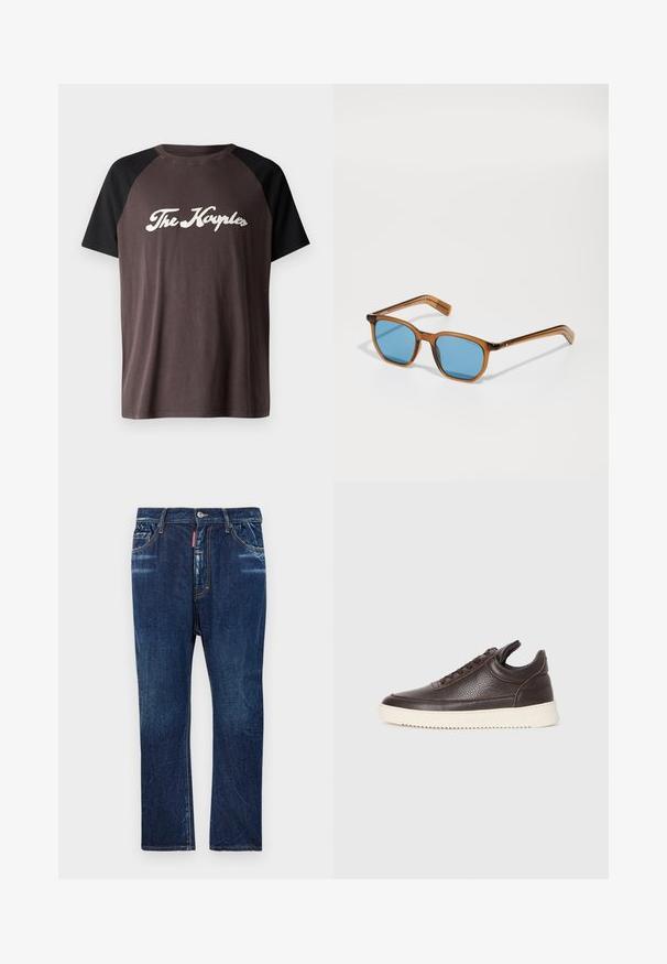 Ruskea ja musta raglan-t-paita, jossa on pyöreä kaula-aukko ja rinnan kohdalla valkoisella kaunokirjoituksella teksti "The Kayples". Pehmeä rakenne.; Tummansiniset farkut suoran lahkeen mittasuhteella, joissa on vaalea kulutus, keltainen ompelu, etutaskut ja nappikiinnitys.; Tummanruskea teksturoitu nahkasneakeri, jossa on nauhakiinnitys ja valkoinen uritettu kumipohja, vaalealla taustalla.; Ruskeasti muovikehyiset aurinkolasit, joissa on siniset linssit, neliömäinen muoto, ohuet jalat, tekstuuritetut yksityiskohdat templeissä ja kiillotettu pinta.