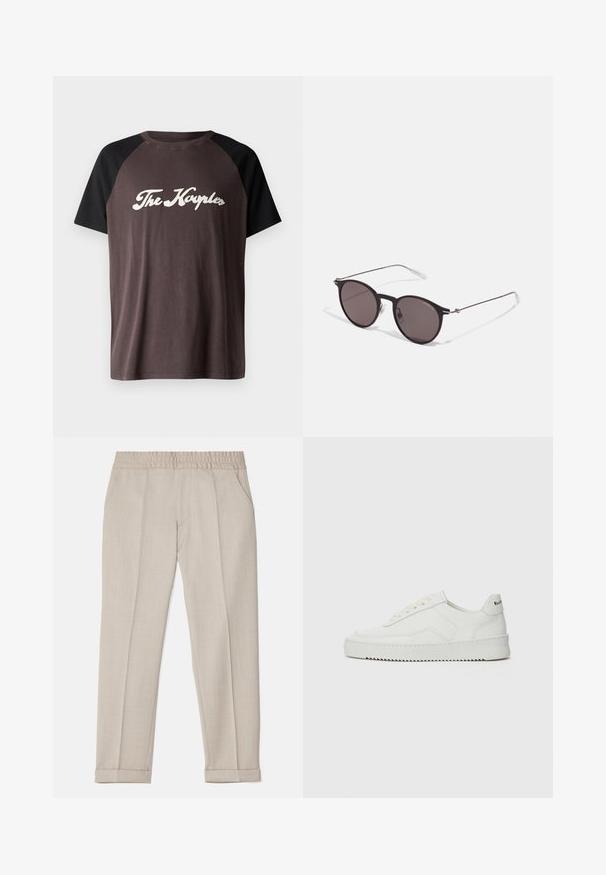 Hnědý a černý raglánový tričko s kulatým výstřihem, na kterém je bílým kurzívou napsáno "The Kayples" na hrudi. Měkká textura.; Filippa K TERRY CROPPED TROUSERS - Kalhoty - sage melange; Bílé kožené tenisky s hladkým povrchem, kulatou špičkou, plochými tkaničkami a texturovanou podrážkou. Na patě se nachází nenápadné logo.; Černé kulaté sluneční brýle s tmavými skly a tenkými kovovými nohami. Obsahují průhledné koncovky nožiček a stříbrné akcenty na pantu. Minimalistický design.