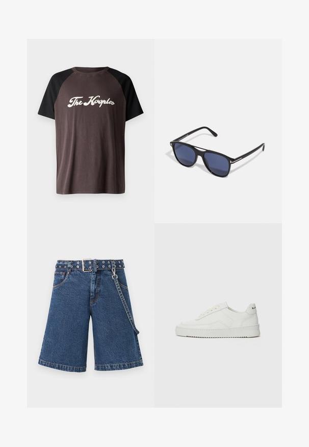 Brown and black raglan t-shirt with a crew neckline, featuring the text "The Kayples" in white cursive across the chest. Soft texture.; Denim shorts in dark blue, wide-cut design with a belted waist featuring metallic grommets, finished with contrasting stitching and a side chain.; White leather sneaker with a smooth finish, round toe, flat laces, and a textured sole. Features a subtle logo on the heel.; Sunglasses with black plastic frame, blue tinted lenses, slightly rounded shape, and silver metal accents on the temples.