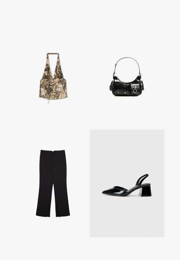 Wielokolorowy top na szyję z kwiatowym wzorem, wykonany z lekkiego materiału, z marszczonym przodem i regulowanymi trokami dla lepszego dopasowania.; Czarne spodnie o prostym kroju, z przednimi kieszeniami i bocznymi rozcięciami na dole. Wykonane z miękkiego, gładkiego materiału. Odpowiednie na różne okazje.; Czarne lakierowane półbuty na obcasie z wydłużonym noskiem i geometrycznym słupkiem. Charakteryzują się eleganckim, minimalistycznym designem oraz gładką fakturą.; Czarna torebka z lakierowanej skóry o zaokrąglonym kształcie, z jednym paskiem na ramię, przednimi kieszeniami i akcentami w kolorze srebrnym.