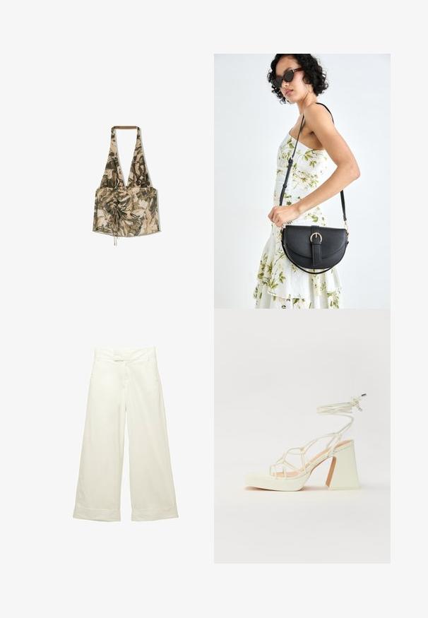 Wielokolorowy top na szyję z kwiatowym wzorem, wykonany z lekkiego materiału, z marszczonym przodem i regulowanymi trokami dla lepszego dopasowania.; Szerokie spodnie w miękkim, kremowym materiale. Posiadają płaski pas i podwinięte mankiety. Gładka tekstura z czystym, minimalistycznym wzornictwem.; Biała sandał na wysokim obcasie z masywnym słupkiem, z paskowym wzorem i wiązaniem przy kostce. Gładka faktura z platformą z przodu dla dodatkowej wysokości.; Czarna skórzana torebka o zakrzywionym kształcie, z odpinanym paskiem i złotymi akcentami. Torebka posiada klapę z zapięciem w kształcie klamry.