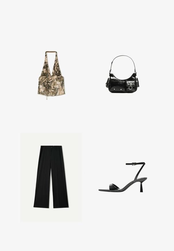 Top halter colorat, cu un model floral, realizat dintr-un material ușor, cu un front strâns și șnururi ajustabile pentru o fixare perfectă.; Bershka WIDE - Pantaloni - black; Bershka Sandale cu toc - black; Geantă de mână din piele lăcuită neagră, cu o formă curbată, un umăr, buzunare frontale și accente din metal argintiu.