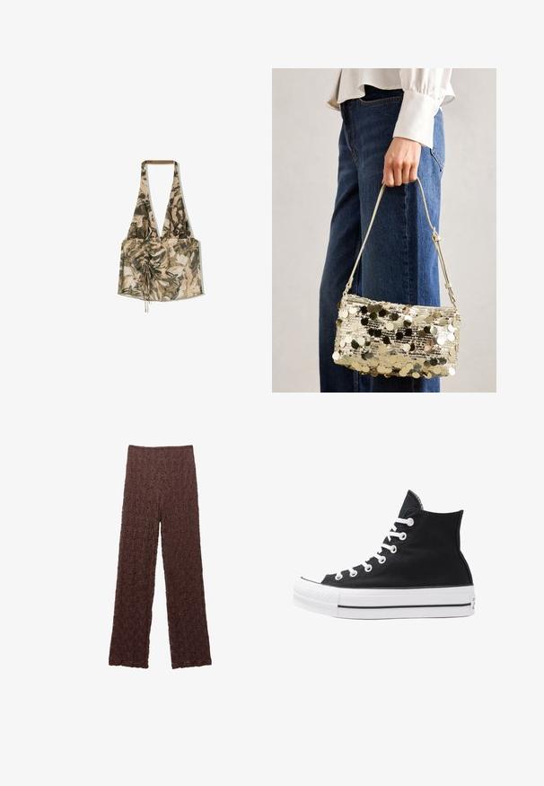 Pestrofarebný halter top s kvetinovým vzorom, vyrobený z ľahkej látky, s zúženým predným dielom a nastaviteľnými šnúrkami na úpravu veľkosti.; Hnedé textúrované nohavice s pokrčeným povrchom, širokými nohavicami a elastickým pásom. Tkanina sa zdá byť mäkká a mierne elastická.; Čierne plátkové tenisky v štýle high-top s bielymi očkami, šnúrkami a gumovou podrážkou. Obsahujú textúrovanú špičku a čierno-biele pruhy.; Zlatá flitrová kabelka s obdĺžnikovým tvarom, hladkým povrchom a tenkým popruhom. Flitre vytvárajú reflexný povrch, čo zlepšuje jej vzhľad.