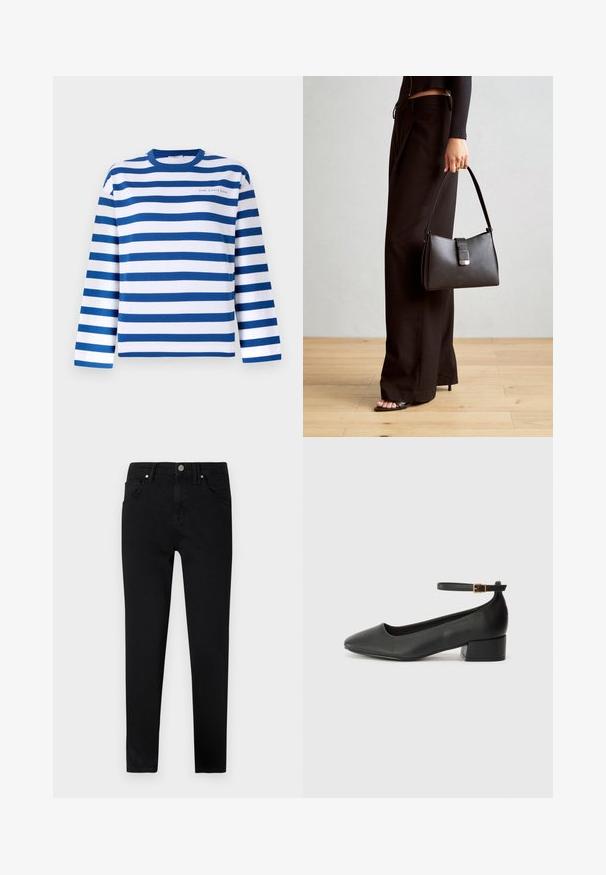 Gestreiftes Langarmshirt in Blau und Weiß mit geripptem Rundhalsausschnitt. Mit aufgedrucktem Logo auf der Brust, aus weichem Baumwollmaterial gefertigt.; Schwarze Jeans aus Denim mit schmaler Passform, Frontknopfverschluss, Gürtelschlaufen und klassischem Fünf-Taschen-Design. Glatte Textur.; Schwarze Lederpumps mit spitzem Zehenbereich und niedrigem Blockabsatz. Mit einem Knöchelriemen und einer goldfarbenen Schnalle. Glatte Textur.; Schwarze Handtasche mit strukturierter Form, glatter Textur und einem metallischen Verschluss. Kombiniert mit weiten schwarzen Hosen und offenen Sandalen auf einem Holzboden.