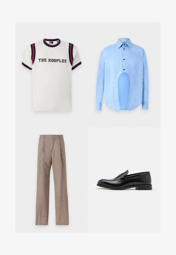 Biela tričko s okrúhlym výstrihom, so vzorom modrých a červených pruhov na rukávoch a s výrazným vyšívaným nápisom "THE KOOPLES" na prednej strane.; Svetlo modrá košeľa s dlhým rukávom a špicatým golierom, čiernymi gombíkmi a jedinečným výrezom vpredu pre osobitý dizajn.; Hnedé, vysoké nohavice vyrobené z texturovanej látky. Majú široké nohavice a dva predné záhyby pre štruktúru. Úhľadné spracovanie bez viditeľného kovania.; Čierne kožené mokasíny s hladkou textúrou, zaoblenou špičkou a dekoračným pásikom cez priehlavok. Nízky vrstvený opätok, minimalistický dizajn.