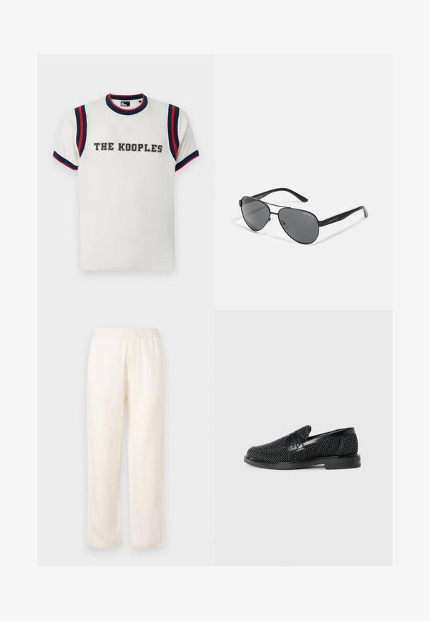 White t-shirt with a round neck, featuring blue and red striped accents on sleeves, and "THE KOOPLES" embroidered in bold across the front.; Lightweight, cream-colored pants with an elastic waistband, straight leg design, and subtle texture. Features no visible pockets.; Black woven slip-on shoe with a smooth leather accent on the upper, a round toe design, and a low-profile rubber sole.; Black aviator sunglasses with dark lenses, thin metal frame, and slender plastic arms featuring logo accents.
