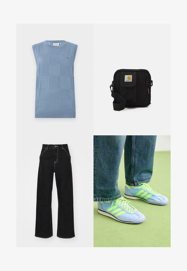 Lys blå ermeløs genser med et strukturert sjakkmønster, ribbestrikket hals og kant, laget av mykt strikket materiale. Minimal logo detajl.; Svarte vide jeans laget av denim, med kontrasterende hvite sømmer og en frontknapplukking, samt to skrå frontlommer.; Lyseblå joggesko med grønne aksenter, laget av semsket skinn og syntetisk materiale, med tre striper og en teksturert såle. Stylet med løse dongeri-bukser.; Svart crossover-veske med en glidelåslukking hovedrom, frontlomme, justerbar stropp og et synlig logo-patch på klaffen.