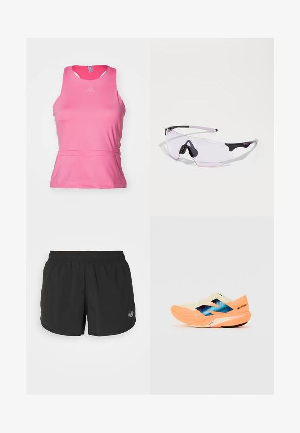 Rosa Sporttanktop aus glattem, leichtem Stoff. Mit Rundhalsausschnitt, ärmellosem Design und dezentem Logo auf der Brust.; Schwarze Sport shorts mit elastischem Bund, aus leichtem Stoff gefertigt. Verfügt über ein kleines graues Logo auf der unteren rechten Seite.; Laufschuh mit einem leichten cremefarbenen Obermaterial, blauer Markenkennung und orangefarbenen Akzenten an der Sohle. Mesh-Struktur für Atmungsaktivität.; Sportsonnenbrille mit einem robusten schwarzen und pinken Design, das eine rahmenlose Form und klare, leicht getönte Gläser aufweist. Gummiakzente sind enthalten.