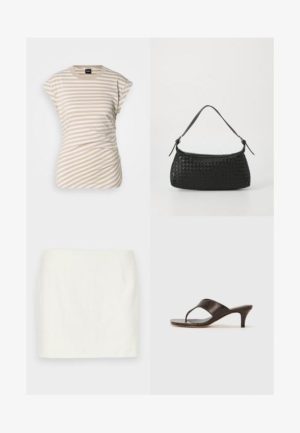 Bež in bela črtasta majica s kratkimi rokavi, okroglo izrezom in nagubanimi materiali ob straneh za teksturo in prileganje. Vidna blagovna znamka.; Bela lanena mini krila s pravim krojem, ki ima stranske žepke in gladko teksturo. Brez vidnih vzorcev ali okraskov.; Rjave sandale s peto iz umetnega usnja z vzorcem kače, s thong dizajnom in kvadratnim prstom. Peta je visoka približno 5 centimetrov in ima gladko površino.; Črna tkana torba za ramo s gladkim usnjenim trakom in zadrgo. Ima teksturirano površino in ukrivljeno obliko.