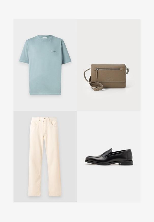 Šviesiai mėlynas medvilninis marškinėliai su apykakle, trumpomis rankovėmis ir mažuoju "TIGER OF SWEDEN" logotipu kairiajame krūtinės puseje. Lygus tekstūras.; Šviesiai smėliniai džinsai su tiesiu sijonu, penkiomis kišenėmis ir priekiu užsegamu mygtuku. Siuvimo linijos matomos palei siūles.; Juodos odinės loafers, turinčios lygų paviršių, apvalią noselę ir dekoratyvinę juostą per priekinę dalį. Žemas krentantis kulnas, minimalistinis dizainas.; Kakavinės odos per petį maišas su užtrauktuku priekinėje kišenėje, reguliuojama dirželiu, akmens tekstūra ir iškilniu logotipu priekyje.