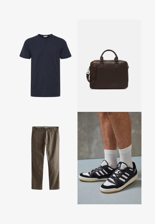 Tamsiai mėlynas trumpų rankovių marškinėliai, pagaminti iš medvilnės, su apvaliu kaklu ir trimis sagų eilučių. Lygi tekstūra, be raštų.; Rudos medvilnės chinos kelnės su tiesiomis kojomis, priekinėmis kišenėmis ir mygtukų uždarymu. Išsiskiria lygiu paviršiumi ir tvarkingais linijomis.; Juodos ir baltos sportinės bateliai su zomšiniu ir odiniu viršumi, su trimis baltomis juostelėmis, perforuota koja ir guminėmis padais.; Ruda odinė nešiojamojo kompiuterio rankinė su tekstūruota paviršiumi, dviem viršutiniais rankenomis, reguliuojama juosta ir dviem priekiniais sagtimis papildomam akcentui.