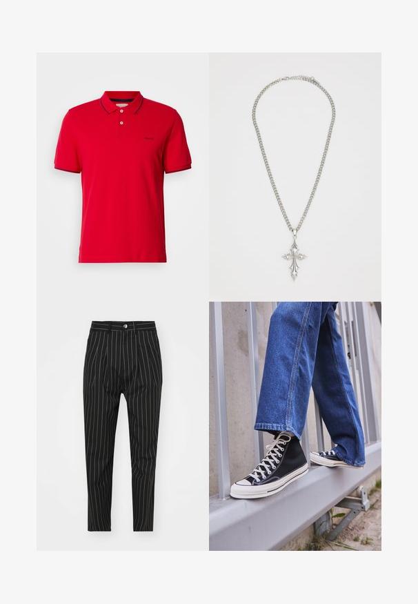 Raudona polo marškinėliai, pagaminti iš medvilnės, su klasikiniu apykaklės dizainu, dviejų mygtukų užsegimu ir tamsiai mėlynomis juostelėmis ant rankovių bei apykaklės. GANT logotipas.; Juodi dryžuoti keliai su pritaikytu kirpimu, su priekiniais mygtukais, diržo kilpomis ir glotnia audinio tekstūra.; Juodi aukšti sportiniai bateliai su baltu padu ir raišteliais, derinami su laisvai krentančiais mėlynais džinsais, atremti į pilką turėklą.; Sidabrinė grandinė su dideliu, puošniu kryžiaus pakabuku, turinčiu aštrių akcentų ir blizgiu paviršiumi. Grandinė yra stora ir plokščia.
