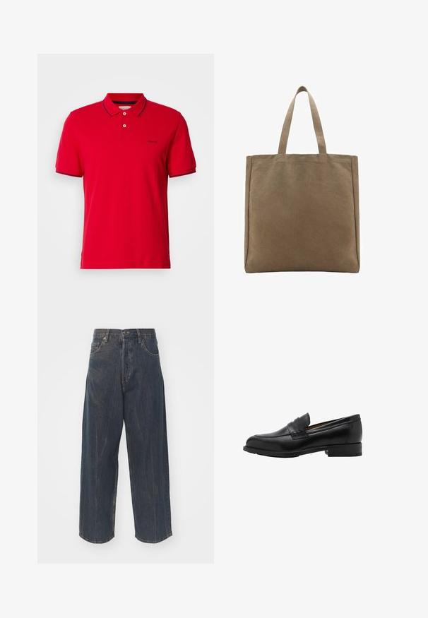Crvena polo majica izrađena od pamuka, s klasičnom ovratnikom, plaketom s dva dugmeta i mornarskoplavi prugasti detalji na rukavima i ovratniku. GANT logo prisutan.; Široke tamnoplave traperice s blagim istrošenim izgledom, pet džepova i klasičnim kopčanjem na gumbe i patentni zatvarač u struku.; Crne kožne loafers c revama sprijeda i ravnim potplatom. Glatka tekstura s okruglim vrhom i ukrasnom trakom preko instep-a.; Platnena torba u boji tan, s dva čvrsta ručka. Pravokutnog oblika s glatkom teksturom i bez vidljivih dekoracija.