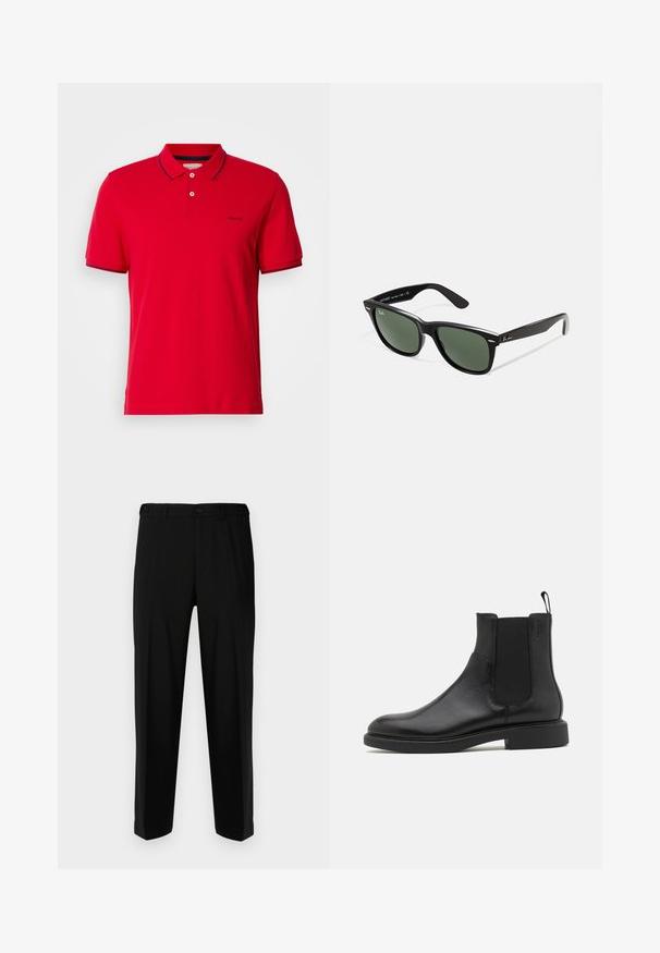 Rotes Polo-Shirt aus Baumwolle mit klassischem Kragen, einer Zwei-Knopf-Leiste und navyblauen gestreiften Akzenten an Ärmeln und Kragen. GANT-Logo vorhanden.; Schwarze Hosen aus glattem Stoff, mit geradem Schnitt, zwei vorderen Taschen und einem Reißverschluss mit Knopfverschluss.; Schwarze Leder-Ankle-Boots mit glatter Textur, elastischen Seitenpaneelen und einer Zuglasche. Runde Zehenpartie und flache Gummisohle mit minimalem Profil.; Schwarze Plastiksonnenbrille mit grünen Gläsern, quadratischen Rahmen, silbernem Akzent auf der Augenbraue und strukturierten Bügeln. Angegebene Marke auf dem inneren Bügel.