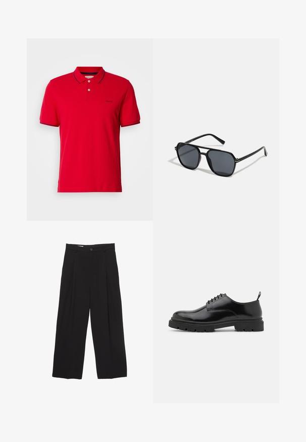 Rode polo shirt van katoen, met een klassieke kraag, een knoopsluiting met twee knopen en marineblauwe gestreepte accenten op de mouwen en kraag. GANT-logo aanwezig.; Zwarte wijde broek gemaakt van gladde stof, met een platte tailleband, voorplooien en een enkele knoopsluiting.; Zwarte leren veterschoenen met een ronde neus, gladde textuur en geribbelde rubberen zool. Heeft een kleine hak en een lus aan de achterkant.; Zwarte zonnebril met een octagonaal frame, donkere lenzen, glanzende afwerking, dunne tempels en gouden accenten aan de voorkant.