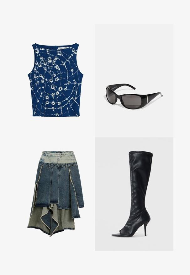 Granatowa bezrękawnik z wzorem białych okrągłych i liniowych grafik przypominających bąbelki połączone cienkimi liniami.; Spódnica dżinsowa z designem patchworkowym, w różnych odcieniach niebieskiego i zielonego, z postrzępionymi krawędziami, asymetrycznym dołem oraz wieloma panelami.; Czarne syntetyczne skórzane kozaki do kolan z ostro zakończonym odkrytym palcem i wysokim szpilkowym obcasem. Chropowata cholewka i gładkie wykończenie.; Czarne okulary przeciwsłoneczne z błyszczącymi plastikowymi oprawkami, gradientowymi szarymi soczewkami oraz srebrnymi akcentami po bokach. Smukły, zakrzywiony design.