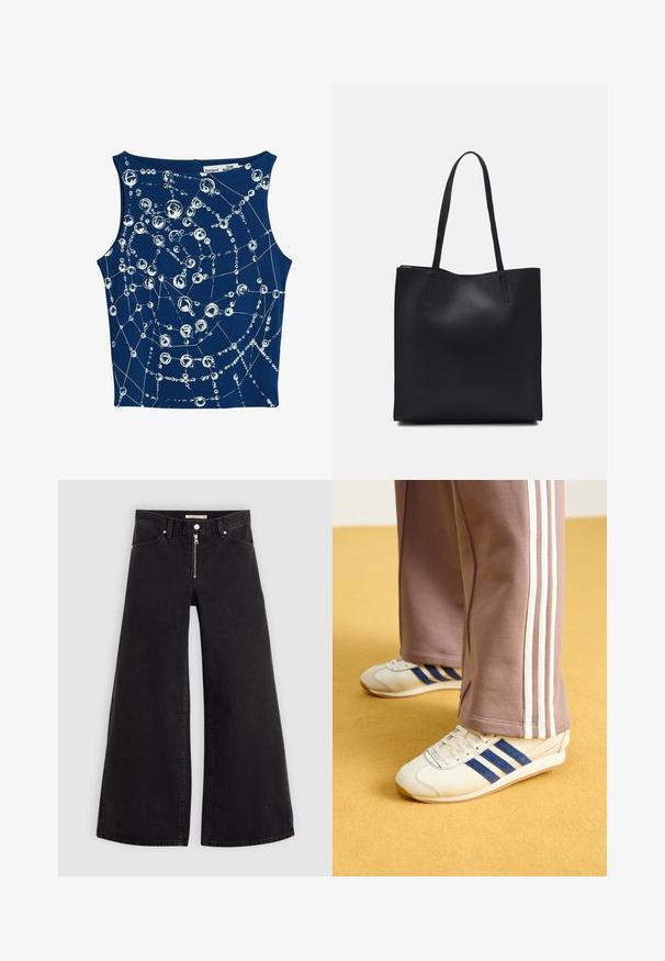 Tamsiai mėlyna be rankovių palaidinė su baltomis apskritomis ir linijinėmis grafikomis, primenančiomis burbulus, sujungtus plonomis linijomis.; Plačios kojų džinsai iš juodo džinsinio audinio su užtrauktuku priekyje, penkių kišenių dizainu ir subtiliais siuvinėjimo akcentais. Lygus paviršius ir laisvalaikio stilius.; Kreminės sportinės bateliai su mėlynos nubuko juostelėmis, baltos raišteliais ir guminėmis padangomis. Sukomplektuota su pilkomis sportinėmis kelnėmis, turinčiomis baltas šonines juosteles.; Juodas odinis tote krepšys su lygia tekstūra, stačiakampio formos ir dviem ilgais rankenomis. Matomų metalinių detalių ar puošybos nėra.