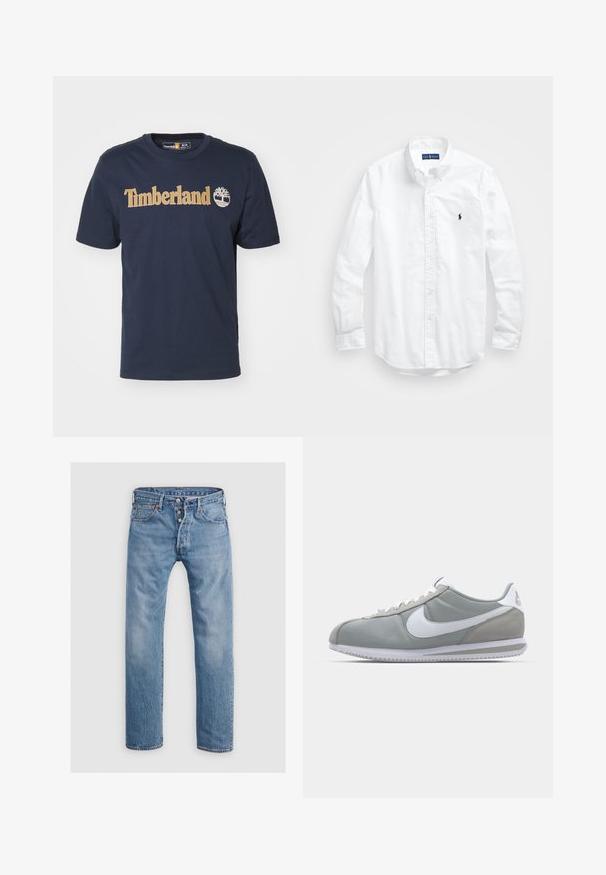 Námorně modré bavlněné tričko s výrazným žlutým logem "Timberland" a ikonou stromu, s kulatým výstřihem a krátkými rukávy.; Bílá košile s dlouhým rukávem a knoflíkovým zapínáním vyrobená z bavlny. Má klasický límec, knoflíkové manžety a malé námořnické vyšívané logo na hrudi.; Světle modré džínové kalhoty s rovnými nohavicemi, pěti kapsami a zapínáním na knoflíky. Obsahují jemné vyblednutí a akcenty šití.; Šedá sportovní bota s svrchní částí z semiše a textilu, bílým logem Nike a bílými tkaničkami. Obsahuje texturovanou gumovou podrážku a polstrovaný límec.