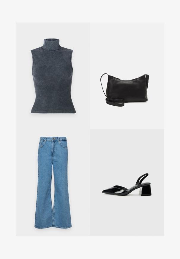 Top brez rokavov s turtleneck ovratnikom v temnosivi rebrasti tkanini, ki se ponaša z oprijetim siluetom in gladko teksturo z ukrivljenim robom.; Svetlo modri razširjeni džins hlače iz denima, z visokim pasom, petimi žepi in enim gumbom za zapiranje. Mehka tekstura z blagim zbledelim videzom.; Črne lakirane slingback pete s koničastim nosom in geometrijsko blokasto peto. Imajo eleganten, minimalističen dizajn in gladko teksturo.; Črna usnjena torba čez ramo z gladko teksturo, ukrivljeno obliko, nastavljivim trakom in zadrgo. Minimalističen dizajn brez okrasnih detajlov.