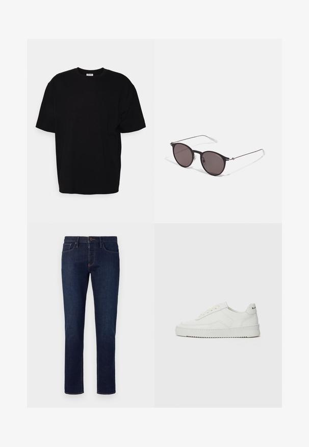 Black cotton t-shirt with short sleeves, round neckline, relaxed fit, and no visible patterns or detailing. Smooth texture.; Emporio Armani 5 POCKETS PANT - Slim fit jeans - blue denim; White leather sneaker with a smooth finish, round toe, flat laces, and a textured sole. Features a subtle logo on the heel.; Black round sunglasses with dark lenses and slim metal arms. Includes clear temple tips and silver accents at the hinge. Minimalist design.