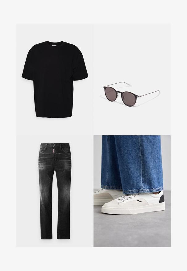 Black cotton t-shirt with short sleeves, round neckline, relaxed fit, and no visible patterns or detailing. Smooth texture.; Black denim jeans with a straight fit. Features faded areas, minor distressing, classic five-pocket design, and a button closure.; White and black sneakers with a smooth leather upper, textured accents, and a chunky white sole. Features a classic lace-up design.; Black round sunglasses with dark lenses and slim metal arms. Includes clear temple tips and silver accents at the hinge. Minimalist design.