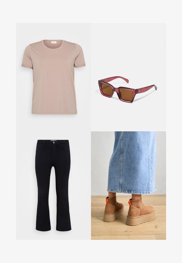 Gaišs rozā T-krekls ar īsām piedurknēm, apaļu kakla izgriezumu un sarullētām piedurknēm, izgatavots no gludas, mīkstas auduma. Nav redzamu rakstu vai akcentu.; ONLY Carmakoma CARTHUNDER PUSH UP - Džinsi ar paplatinātiem galiem - black denim; Brūni zamšādas platforma zābaki ar elastīgiem sānu paneļiem un oranžām cilpām, apvienoti ar līdz ceļgaliem garu gaišā denima svārku uz koka grīdas.; Sarkaniņi kvadrātveida saulesbrilles ar brūnām lēcām. Izgatavotas no caurspīdīgas plastmasas. Izceļas ar izteiktu stūra dizainu un smalku zīmolu uz tempļa.